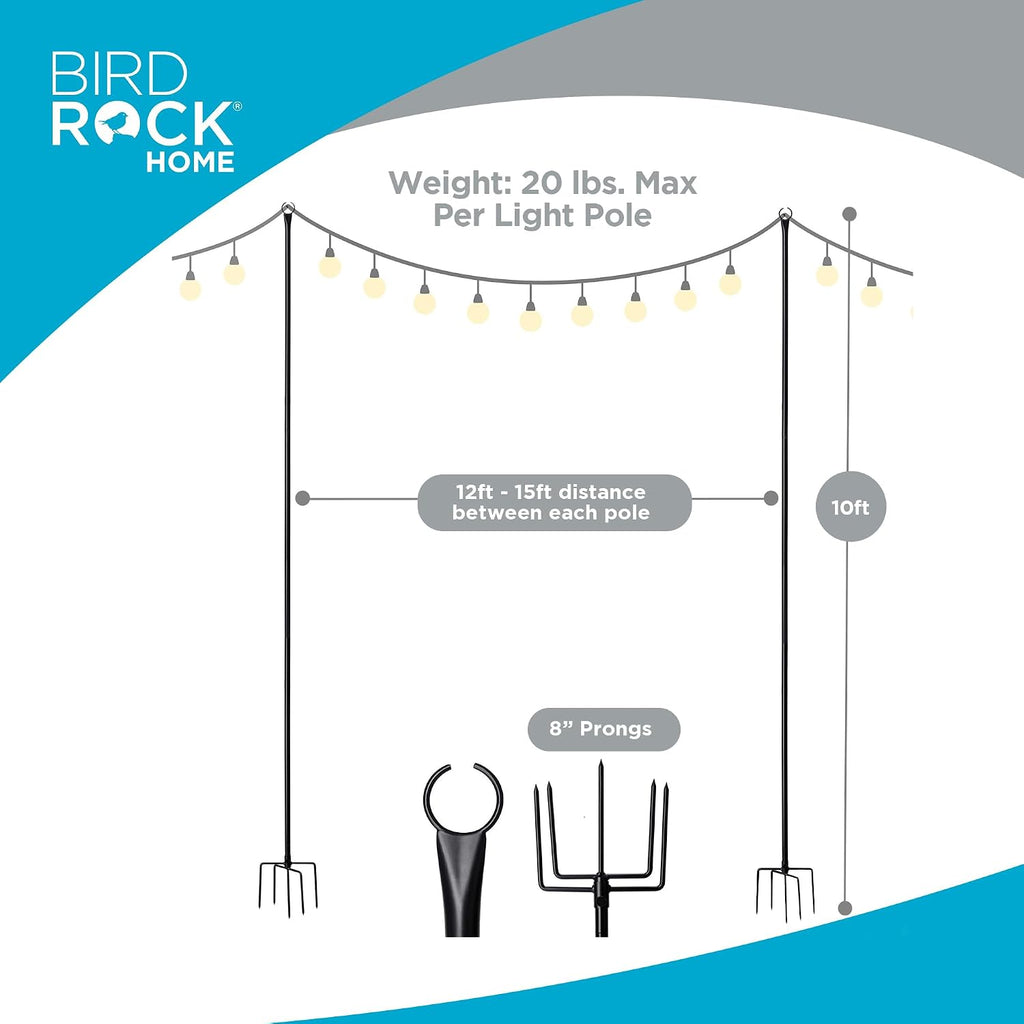BIRDROCK HOME Poles for Outdoor String Lights - Weather Resistant, Durable, Easy to Install, Sturdy Pole for Garden, Patio & Backyard - Set of 2, 10ft, Black