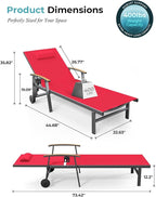 Ciokea Outdoor Lounge Chair with Pillow Set of 2, 5-Position Aluminum Chaise Lounge with Wheels & Armrests, 400 lbs Heavy Duty Patio Pool Chair for Backyard, Deck, Beach & Poolside, Red