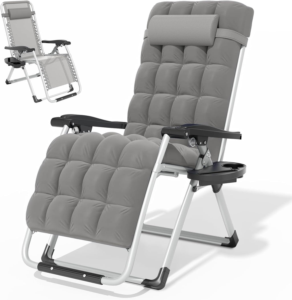 Magshion Zero Gravity Reclining Patio Camping Lounge Chair, Grey | w/Removable Cushion, Side Tray & Cup Holder, Adjustable Folding Anti Gravity Recliner for Indoor and Outdoor