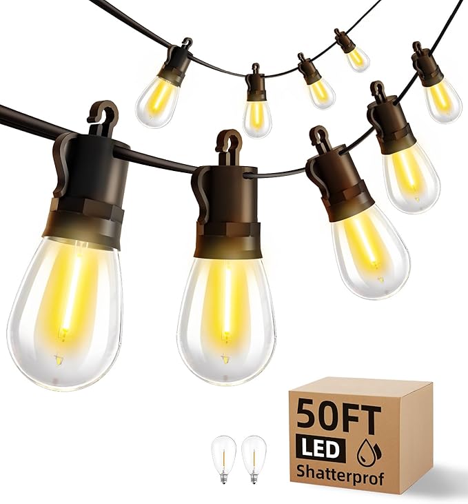 Outdoor String Lights Patio LED Light Outside - 15M 15+1 S14 LED IP65 Waterproof 50ft Porch Lighting Garden Lights