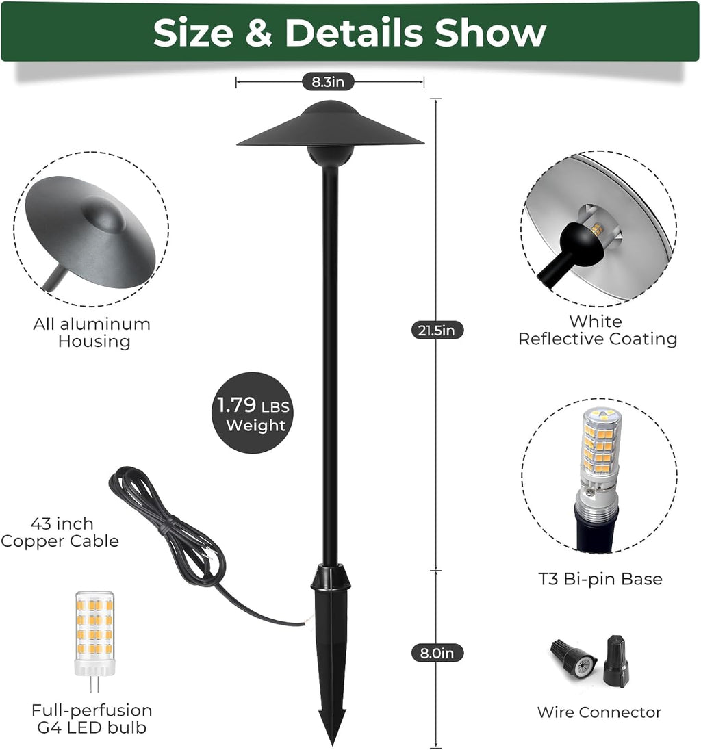 Low Voltage Pathway Lights (8.5'' Shade, 21.5'' Tall)，12V Outdoor LED Landscape Path Lights Wired, Aluminum Pathway Lighting with 3W 2700K Replaceable Bulb for Walkway Garden Yard, 6 Pack
