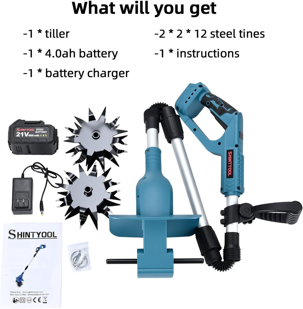 21v cordless tiller cultivator with 4.0 ah battery shown in use