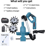 21v cordless tiller cultivator with 4.0 ah battery shown in use
