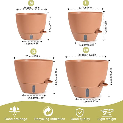 4 Pack Plant Pots,12/10/9/8/ Inch Self Watering Pots for Indoor/Outdoor Plants Deep Reservoir,Nursery Planting Pot for Indoor Out Door Plants (Terracotta,12/10/9/8/ Inch)