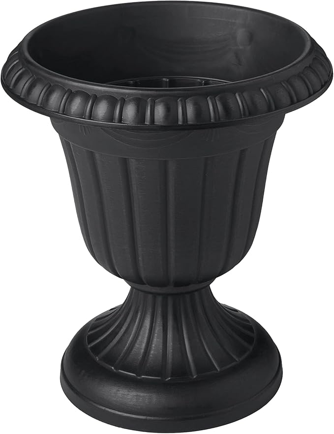 Arcadia Garden Products PL20BK Classic Traditional Plastic Urn Planter, Indoor or Outdoor Garden Decor, Flower Pot Vase 10x12 - Black