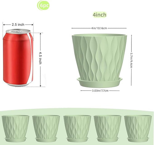 4 Inch Plant Pots, 6 Pack Indoor Flower Pots, Planters with Drainage Holes and Trays for Orchids, Violets, Succulents, Herbs, and Other Plants,Green