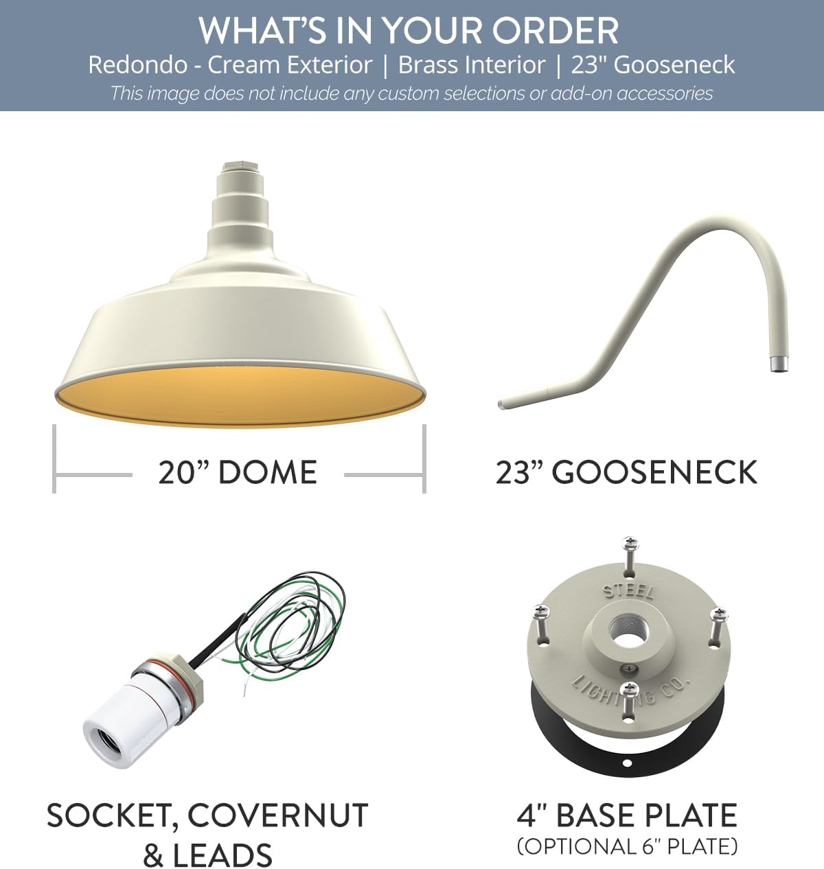 23" Gooseneck Large Barn Light 20" Dome | Outdoor Barn | Cream/Brass