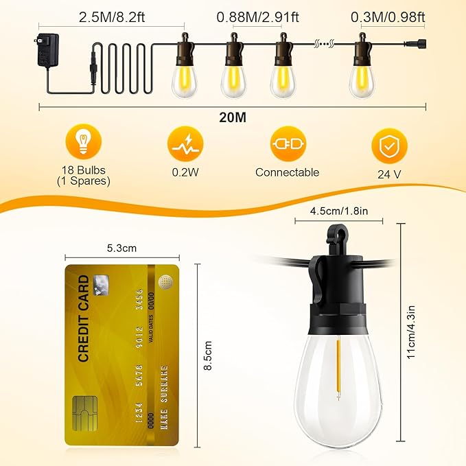 Outdoor String Lights Patio LED Light Outside - 20M 18+1 S14 LED 65ft Porch Lighting IP65 Waterproof
