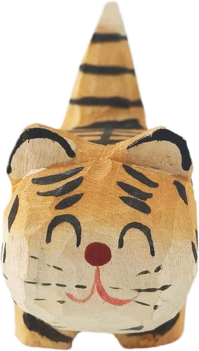 EMiEN Cute Small Wood Tiger Figurine Carved Orange Tiger,Handmade Sculpture Craft Set, for Home Office Decoration, Car Ornaments
