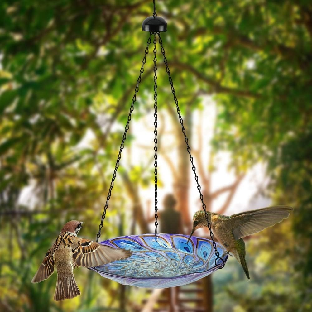 VCUTEKA Hanging Bird Baths Outdoor Glass Birdbath Feeder for Garden Decor | Stained Glass Handmade Peacock Hanging Bird Bath Bowl to Attract Wild Birds for Outside, Lawn, Garden, Yard Decor