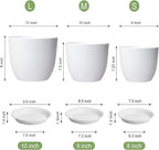 12/10/9 inch Large Plant Pots, 3 Pack Modern Decorative Plastic Planters with Drainage Holes and Saucers, Flower Pots for Indoor Outdoor Plants, White