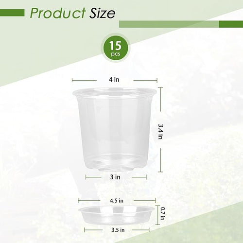 4 Inch Clear Nursery Pots for Plants with Sacuers 15 Pack, Plastic Flower Pots with Drainage Holes, Variety Pack Seedlings Garden Pot for Indoor Outdoor (4 inch)