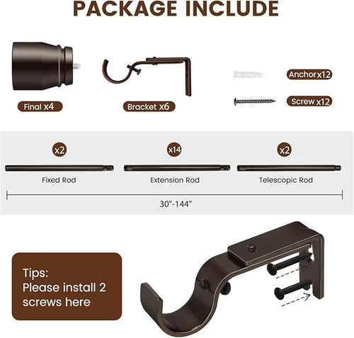 2 PACK 1” Diameter brown curtain rod Itself is 30 to 144 inch. 1 Pack Fits 30-142 inch, 66 to 120 inch Windows with Heavy Duty Adjustable brown curtain rods Splicing Metal Extra Long Curtain Rod