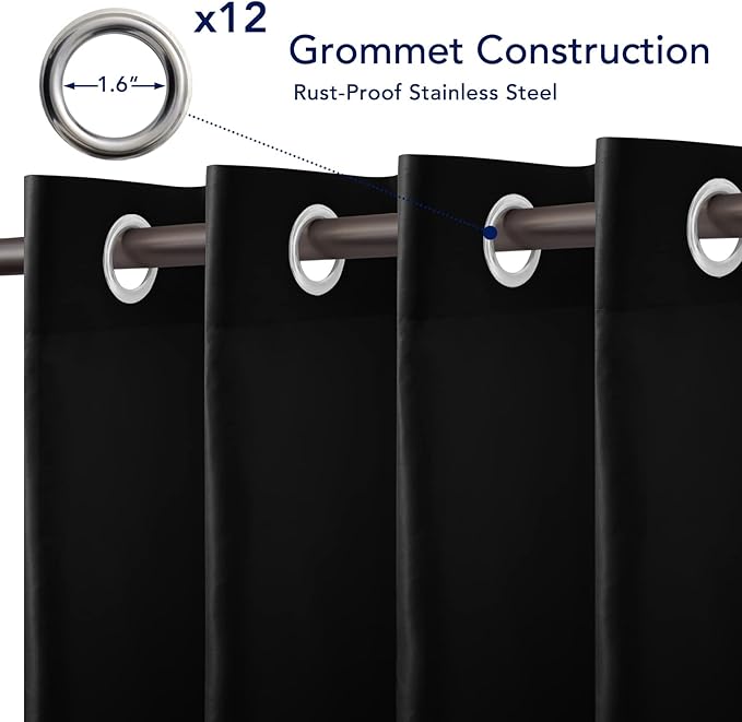 PureFit Outdoor Curtains for Patio Waterproof Weatherproof, UV and Fade Resistant Outside Curtains for Gazebo, Front Porch, Pergola, Sun Blocking Privacy Curtain, 100W x 108L inch, 1 Panel, Black