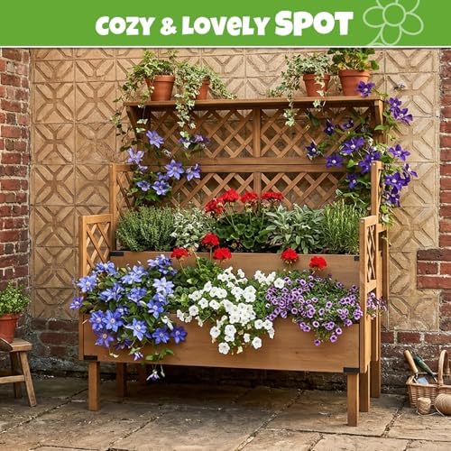 elevated raised garden bed with trellis & 2 shown in use