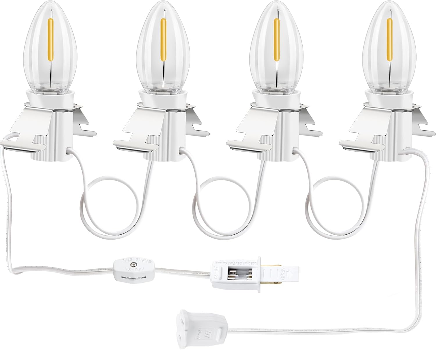 Christmas Village Lights with 4 LED Bulb C7 Accessory White Cord Clip Light | E12 Base Warm White Bulbs for Christmas Village Houses, Halloween Holiday Decoration with On/Off Switch Plugs Spare Fuse