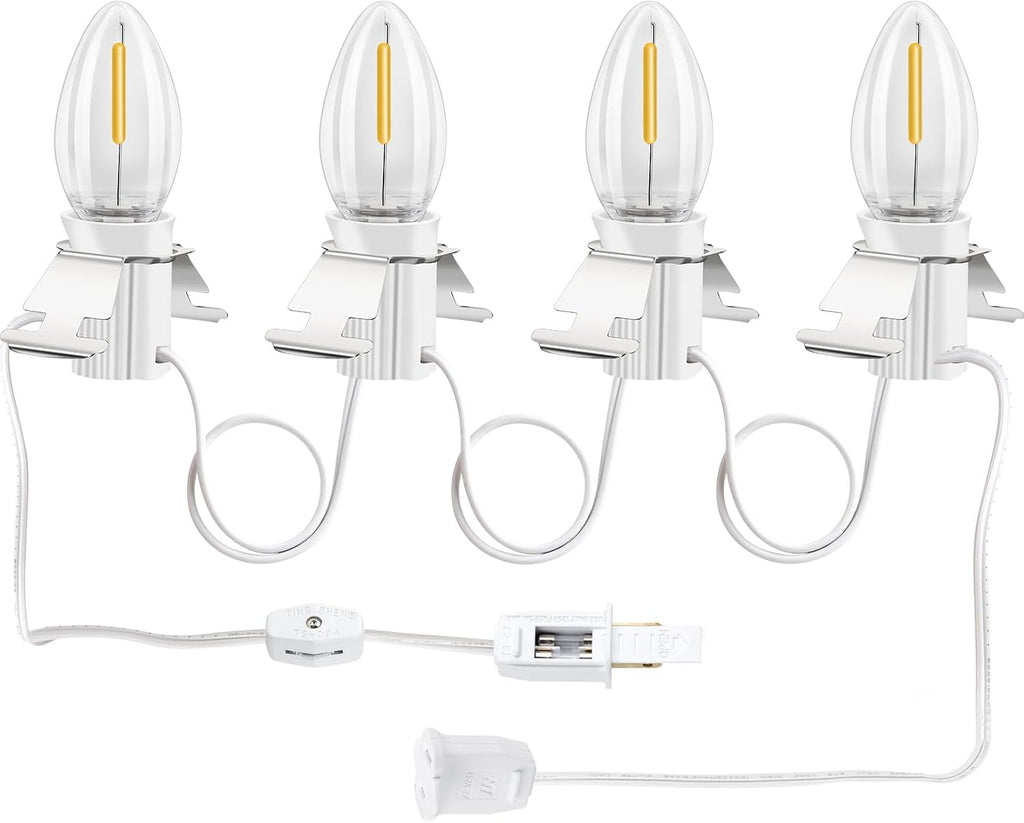 Christmas Village Lights with 4 LED Bulb C7 Accessory White Cord Clip Light | E12 Base Warm White Bulbs for Christmas Village Houses, Halloween Holiday Decoration with On/Off Switch Plugs Spare Fuse