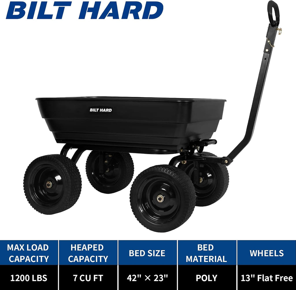 bilt hard poly garden dump cart 1200 lbs shown in use