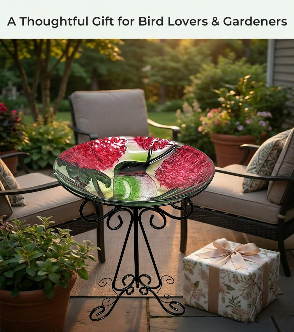 Large Glass Bird Bath with Metal Stand, Hummingbird | 18" Wide Bowl, 3.2" Bathing Depth, Thick Glass Construction, Stable 3-Leg Base, Easy Clean Surface, Garden Decor