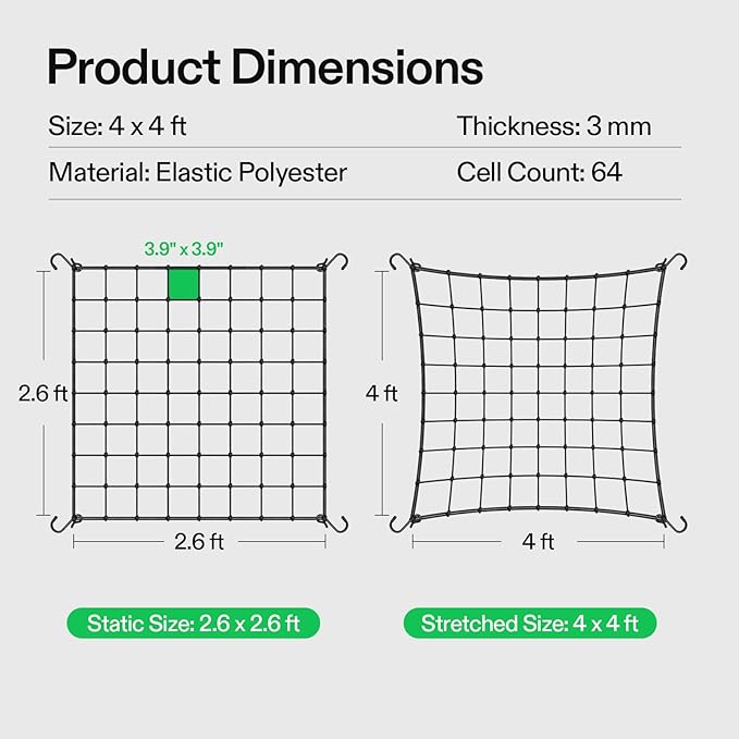 VIVOSUN 4 x 4Ft. Elastic Trellis Netting with 4 Hooks for Climbing Plants, Vegetables, Fruits, and Flowers, 2-Pack