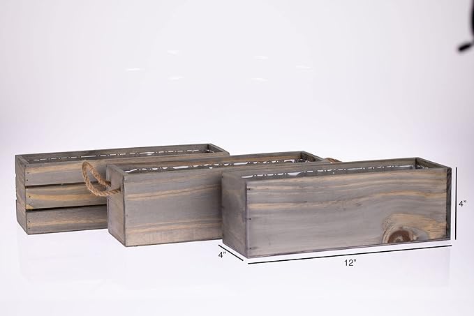 Wood Planter Box with Wine Crate Styled, 12x4 Inch Rectangular, Rustic Barn Wood, Plastic Liner, Wedding Flowers Holder, Home and Venue (12x4 Wine Crate Set of 4, Natural)