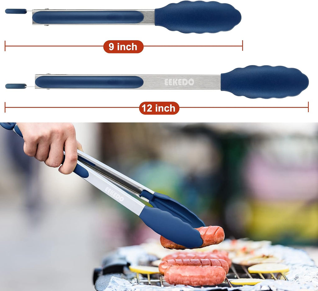 Tongs for Cooking, Stainless Steel Kitchen Tongs with Silicone Tips | 600ºF High Heat-Resistant, Non Scratch, Locking Tong for BBQ Grilling Air Fryer Food Salads, Set of 2 (9" and 12") Navy Blue