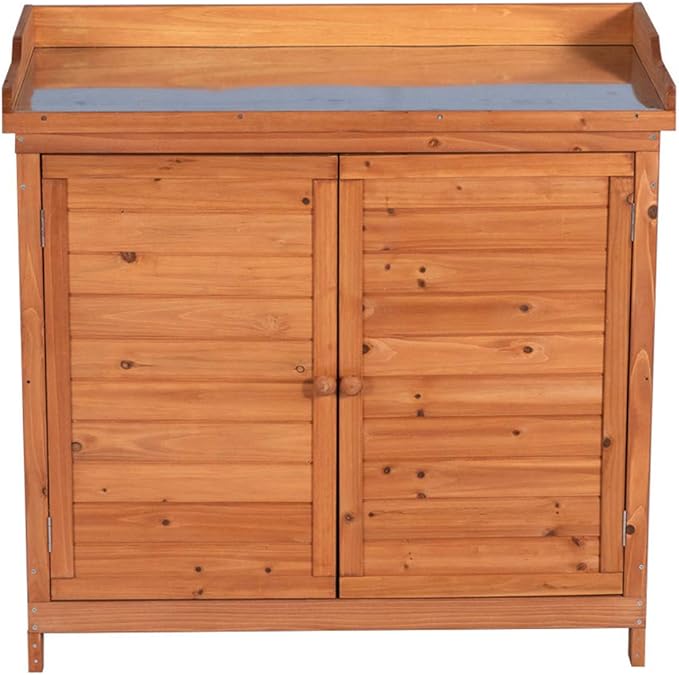 GDLF Outdoor Garden Patio Wooden Storage Cabinet Furniture Waterproof Tool Shed with Potting Benches Outdoor Work Station Table (Natural)