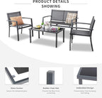 Shintenchi 4 Pieces Patio Furniture Set All Weather Textile Fabric Outdoor Conversation Set, with Glass Coffee Table, Loveseat, 2 Single Chairs for Home, Garden, Lawn, Porch（Gray）