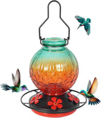 Glass Hummingbird Feeders for Outdoors Hanging, 23Oz Humming Bird Nectar Feeders with Perch, 5 Flower Feeding Ports, Leak Proof Base and Hook for Garden Decor, Gifts for Mom Women (Green)