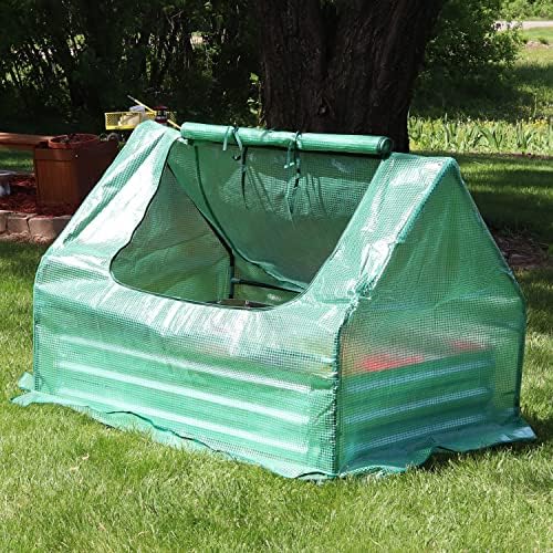 sunnydaze steel raised garden bed with mini greenhouse, side view