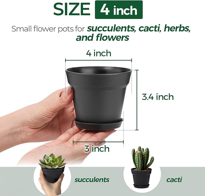T4U 4 Inch Plant Pots 18-Pack, Small Flower Pots with Saucer and Drainage Hole, Durable Plastic Pots, Nursery Small Flower Pot Bulk for Plants, Succulent, Violet, Decorative (18 Pack 4" Pot, Black)