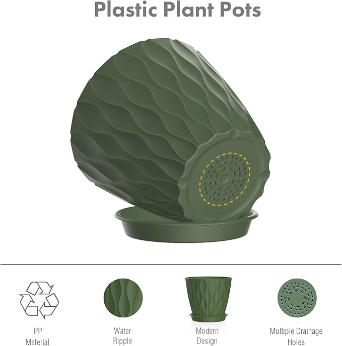 6 inch Plant Pots, 5Pack Water Ripple Flower Pots for Indoor Outdoor Plants, Plastic Planters with Drainage Holes and Saucers, Nursery Pots for Small Succulent Garden House Plants, Multicolor