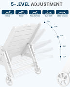 Chaise Lounge Chair, HDPE Lounge Chair Outdoor with 5 Positions, Oversized Pool Lounge Chairs with Rolling Wheels & Cup Holder for Poolside Deck Backyard, White