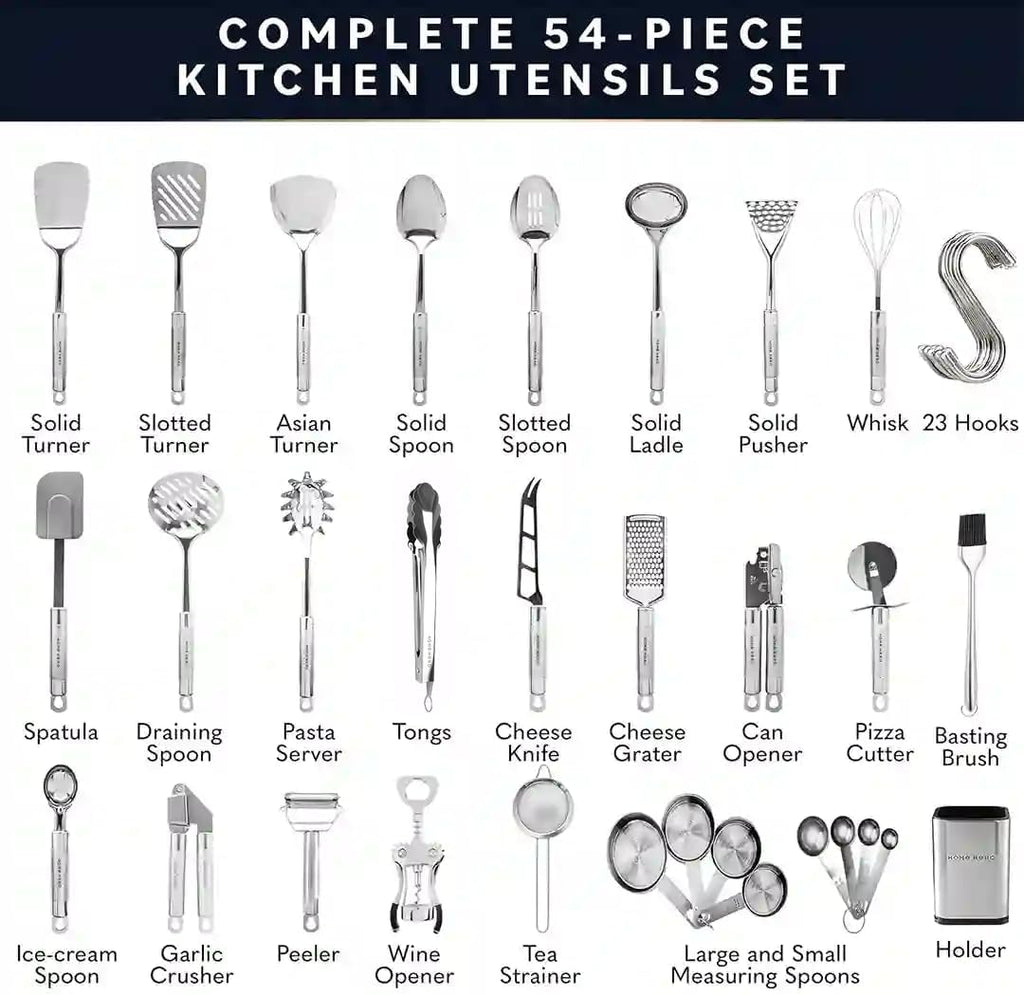 home hero 54-piece stainless steel kitchen utensils set shown in use