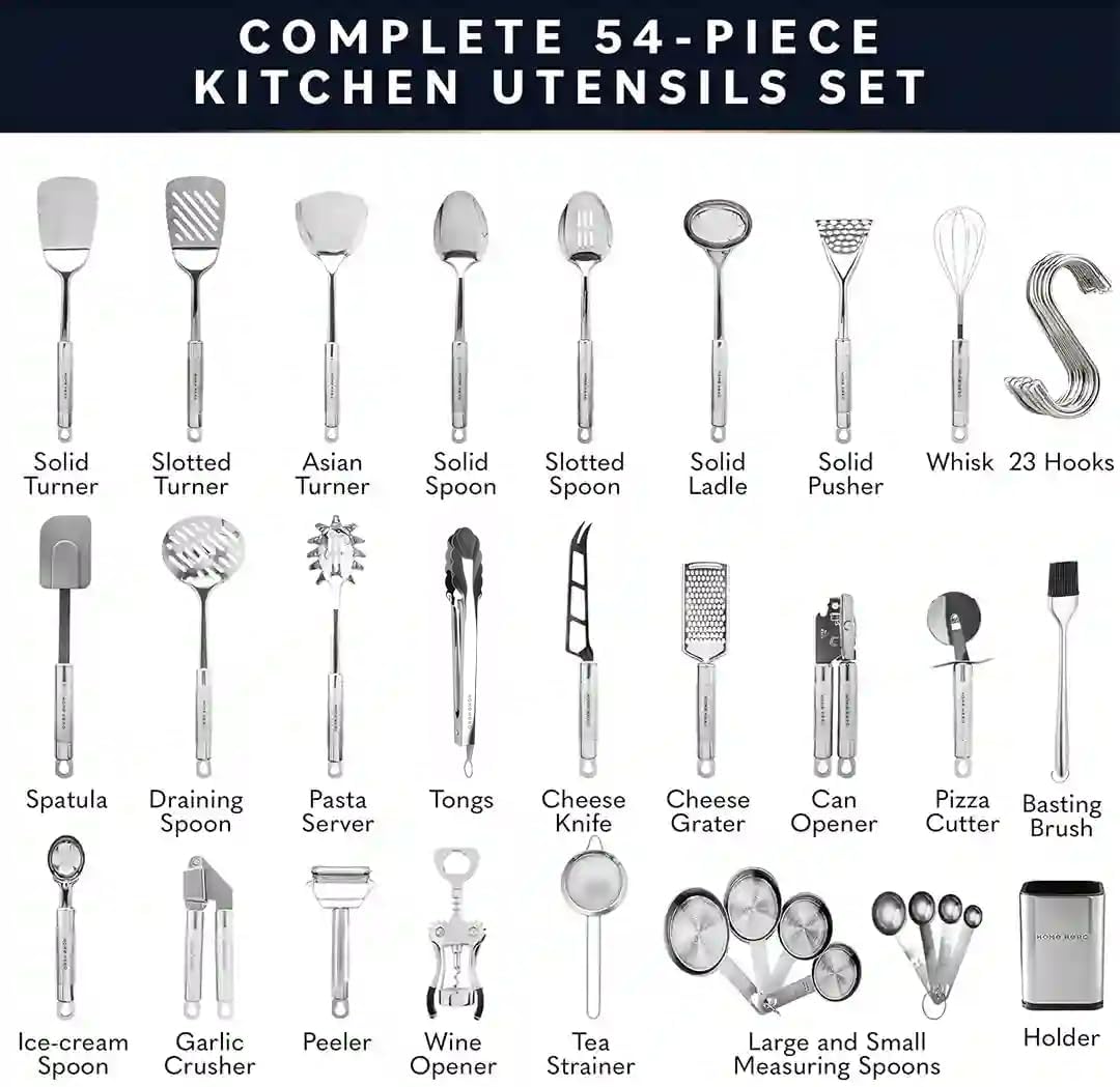 home hero 54-piece stainless steel kitchen utensils set shown in use