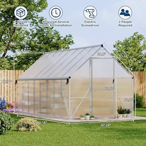 8'x16' aluminum-framed polycarbonate greenhouse, heavy duty polycarbonate greenhouse shown in use
