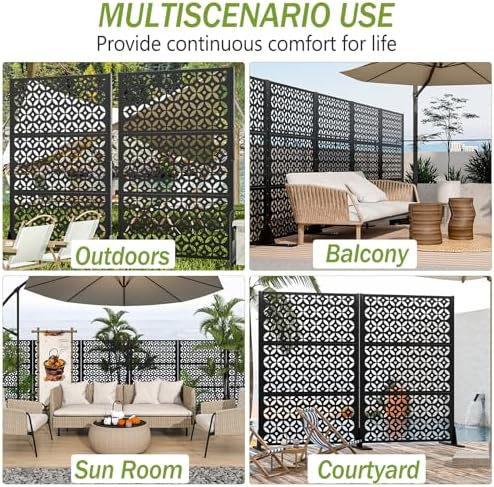 6ft black freestanding metal outdoor privacy screen, cross, front angle view
