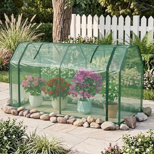 happygrill portable mini greenhouse with roll-up zipper door shown in use
