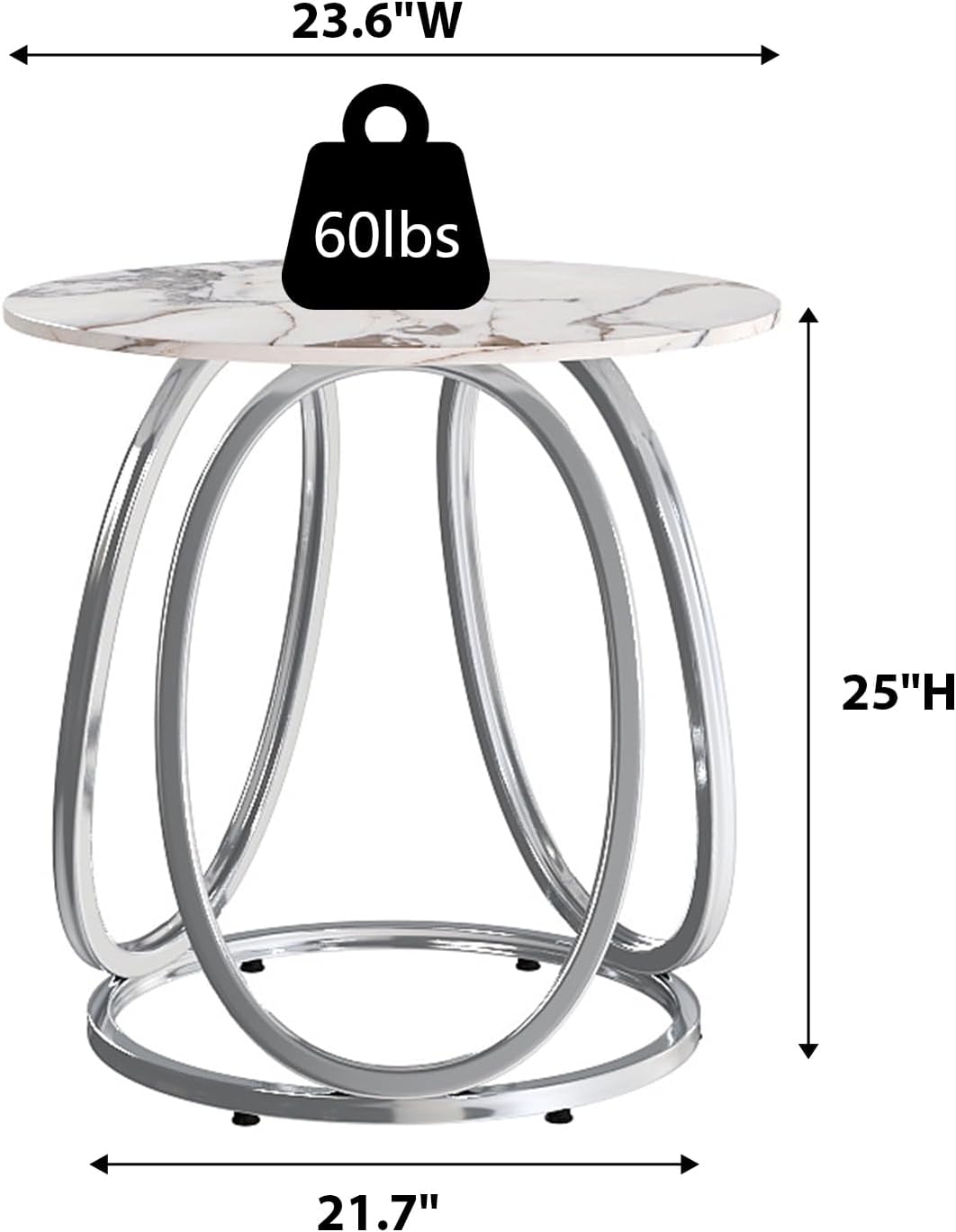 O&K FURNITURE Silver Side Table Living Room, Round End Table with Metal Frame, Modern Nightstand for Small Spaces, Bedroom, Home Office, 1PC