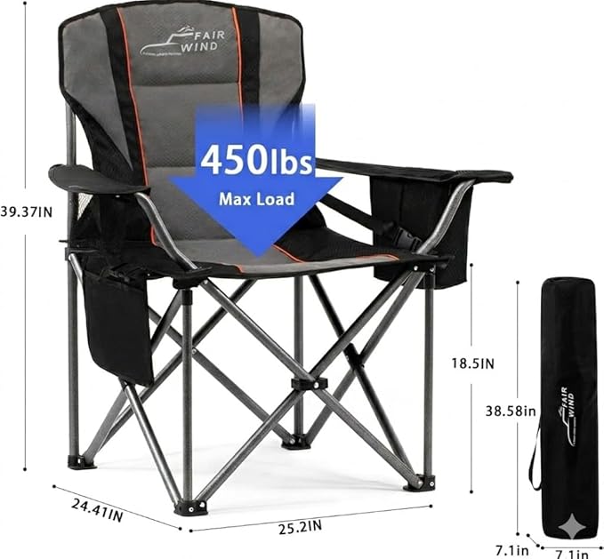 FAIR WIND 2 Pack Heavy Duty Camping Chair, Oversized Padded Folding Chair for Big and Tall (450lbs), Extra Wide Seat with Integrated Cooler & Storage Pocket, Adjustable Lumbar Support for Outdoor