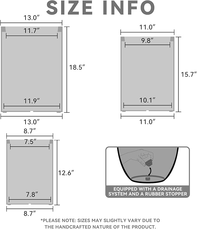 Kante 18.5",15.7",12.6" H Tall Rectangular Concrete Planters Set of 3, Outdoor Indoor Lightweight Plant Pots with Drainage Hole and Rubber Plug, Modern Style for Home Garden Patio, Charcoal