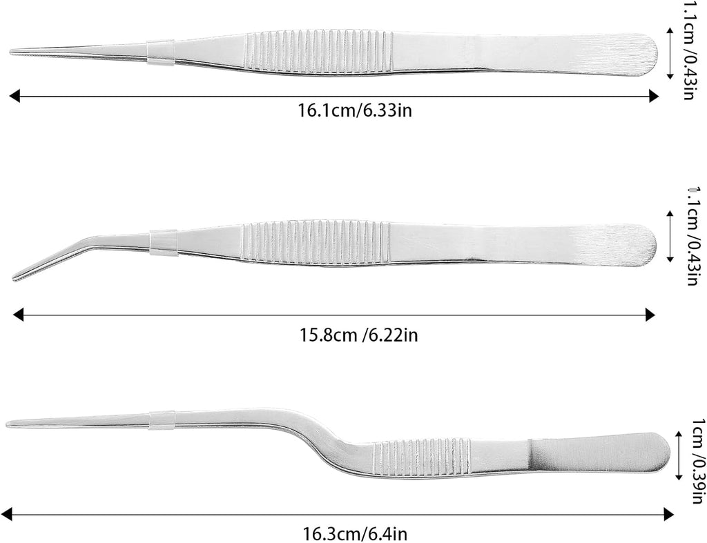 Stainless Steel Tweezers Set for Small Gardening and Kitchen, Multi-Purpose Tools Silver Tweezers (3Pcs, 6.22Inches / 6.33Inches / 6.4Inches)
