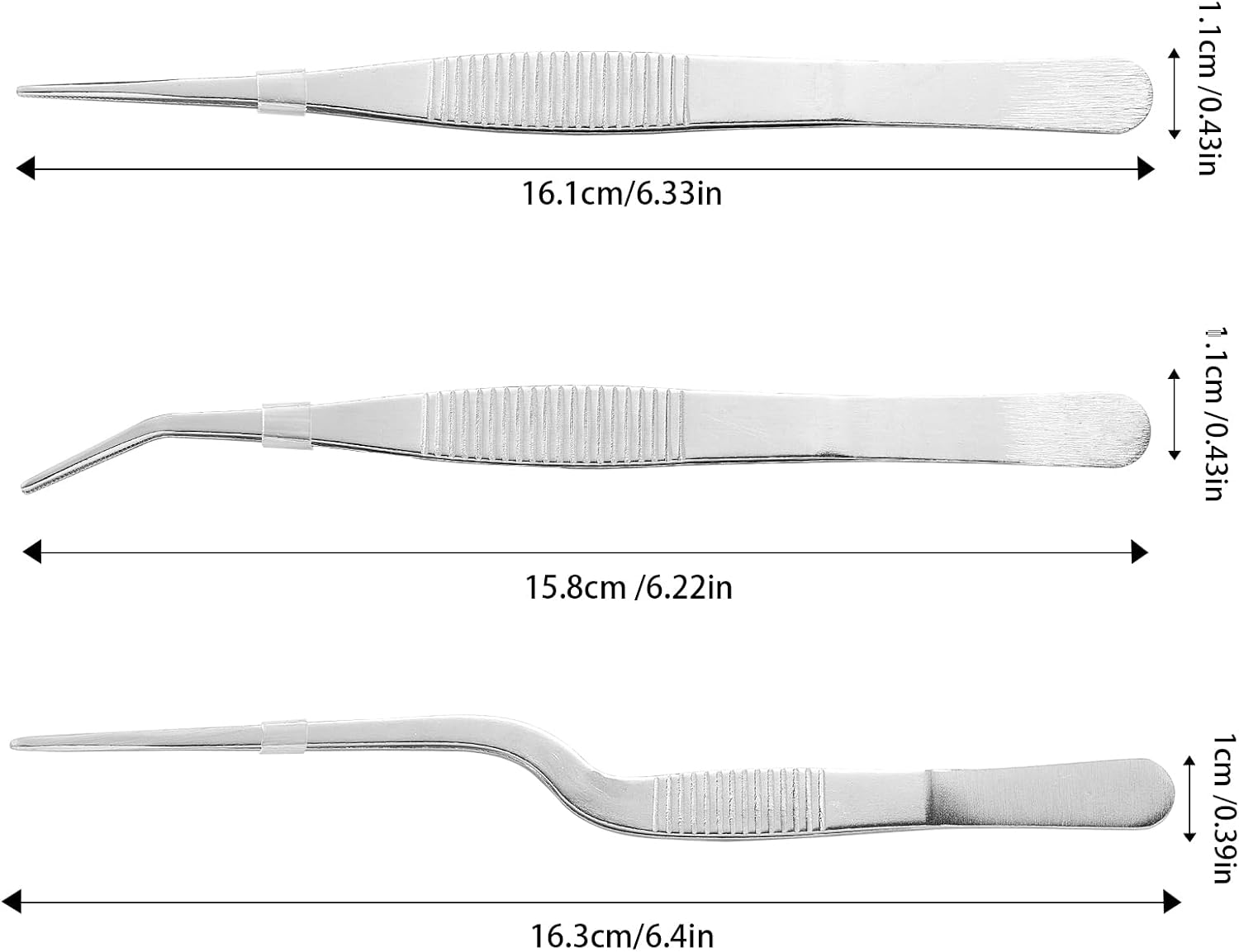 Stainless Steel Tweezers Set for Small Gardening and Kitchen, Multi-Purpose Tools Silver Tweezers (3Pcs, 6.22Inches / 6.33Inches / 6.4Inches)