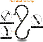 16 Pack Heavy Duty S Hooks with Safety Buckle - S Shaped Hooks for Hanging Plants, Clothes, Kitchen Utensils, Bags (Black)