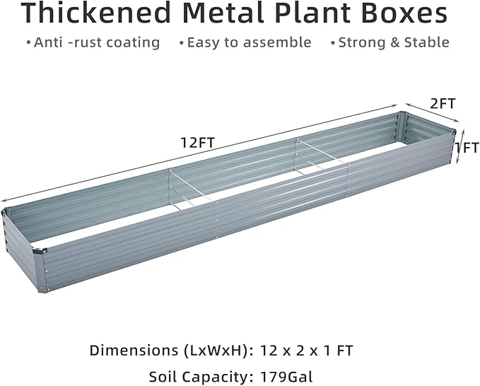 2 Pack 12x2x1FT Galvanized Raised Garden Bed Kit, Outdoor Metal Planter Box for Vegetables, Bottomless Rectangular Gardening Bed with Support Rods, Tool-Free Assembly, Gray
