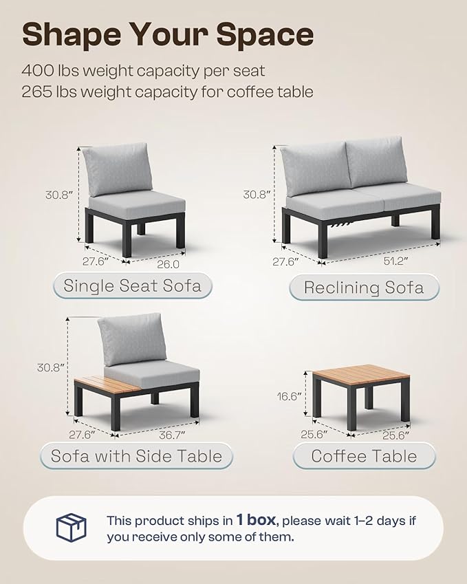 Aluminum Outdoor Patio Sofa Set, 2 Seats Modular Sectional Single Seat Sofa Chairs with Removable Cushions, All-Weather Outdoor Conversation Sets for Garden & Yard, Gray