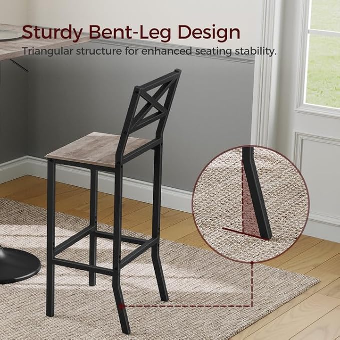 Bar Stools, Set of 2 Bar Chairs with Backrest and Footrest, 26" Tall Counter Bar Stools, Kitchen Breakfast Bar Chairs, Easy Assembly, for Dining Room, Greige BAHG0901N3