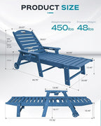 Outdoor Lounge Chair Set of 4, All Weather Patio Chaise Lounge Chair for Outside, HDPE Chair with Rolling Wheels & Cup Holder, 5 Position, Deck, Pool, Navy Blue