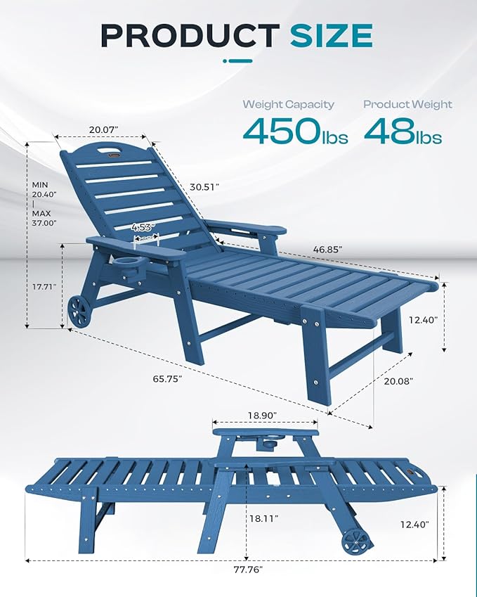 Outdoor Lounge Chair Set of 4, All Weather Patio Chaise Lounge Chair for Outside, HDPE Chair with Rolling Wheels & Cup Holder, 5 Position, Deck, Pool, Navy Blue