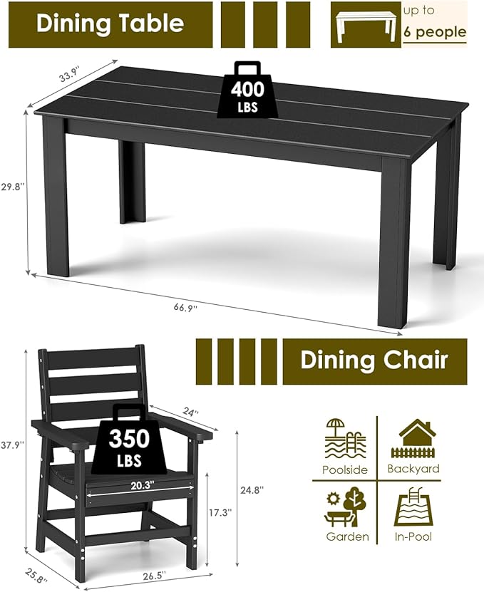 GREENVINES 7-Piece Outdoor-Dining-Set | HDPE Plastic 67'' Table and Chairs Sets for 6 | Patio Furniture | All Weather | Umbrella Hole | Black | for Poolside Garden Backyard